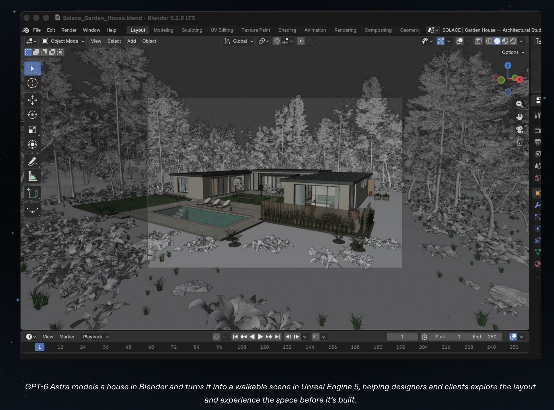 Astra promo page showing an open Blender window